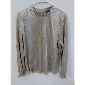 Adrianna Papell Metallic Pleated Long Sleeve Top W/Ruffle Neck & Cuffs M